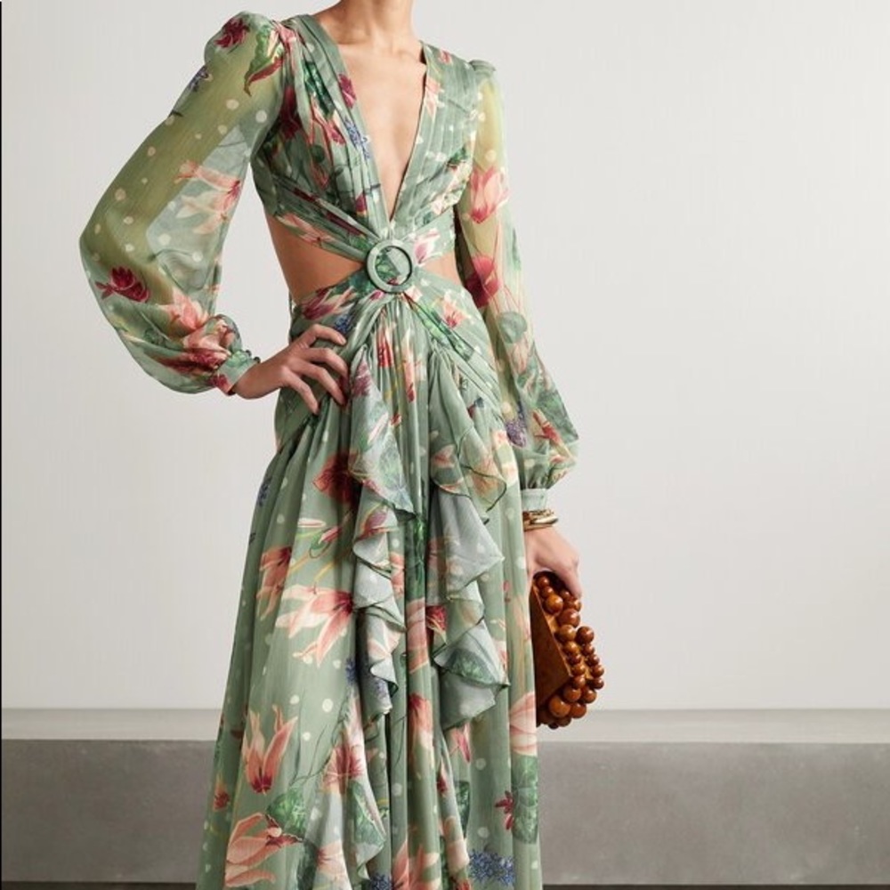 PatBo Chiffon Sophia Cutout Maxi Dress in Moss Green